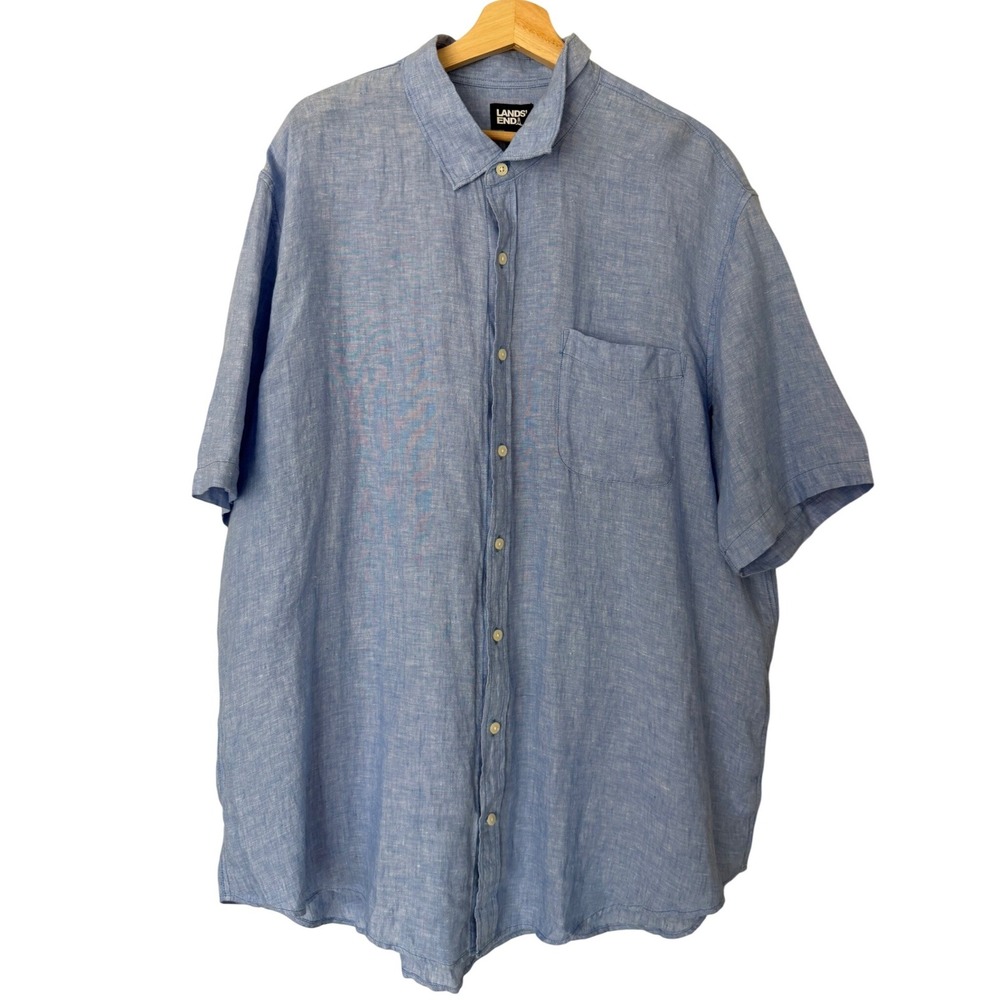 Lands End Mens 2XL Tall Blue 100% Linen Short Sleeve Button Down Shirt